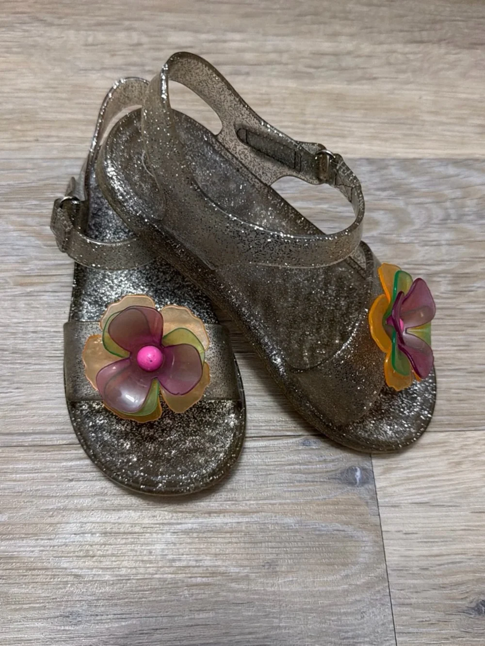 Cat & Jack Glitter Gold Jelly Sandals with Multicolor Flower